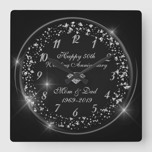 Silver Confetti,Black 50th Wedding Anniversary Square Wall Clock (Front)