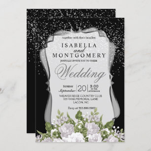 Silver Confetti, Black and White Floral Wedding Invitation