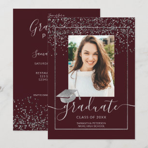 Silver confetti burgundy typography graduation invitation
