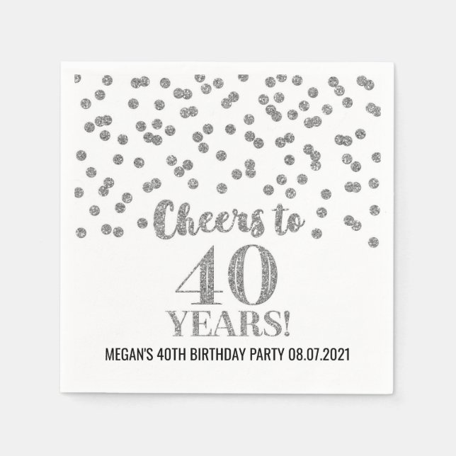 Silver Confetti Cheers to 40 Years Birthday Napkin (Front)