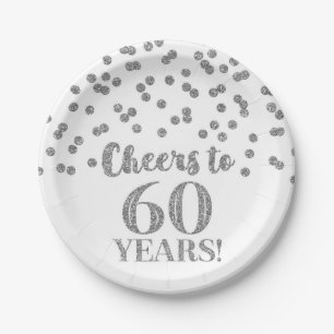 Silver Confetti Cheers to 60 Years Birthday Paper Plate