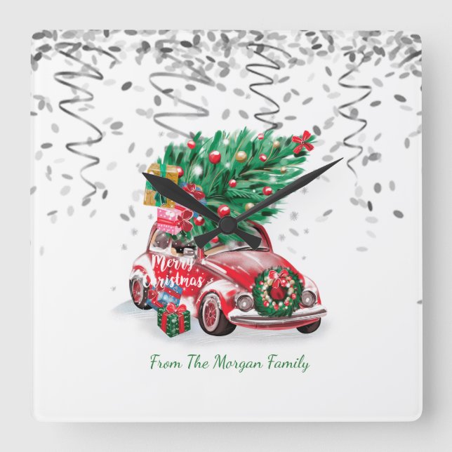 Silver Confetti,Christmas Red Car Pine Tree Snow Square Wall Clock (Front)