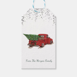 Silver Confetti,Christmas Red Truck Pine Tree Gift Tags