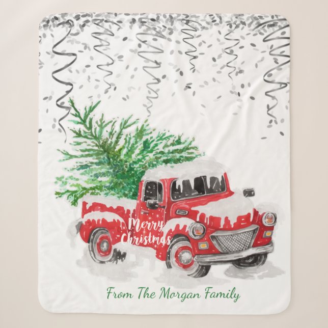 Silver Confetti,Christmas Red Truck Pine Tree Snow Sherpa Blanket (Front)