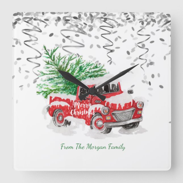 Silver Confetti,Christmas Red Truck Pine Tree Snow Square Wall Clock (Front)