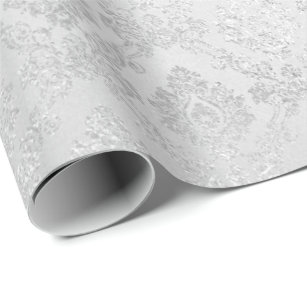 Silver Confetti Damask Royal Princess Glam Vip Wrapping Paper