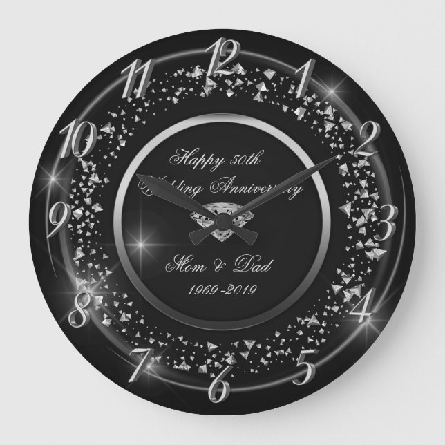 Silver  Confetti,Diamond 50th Wedding Anniversary Large Clock (Front)