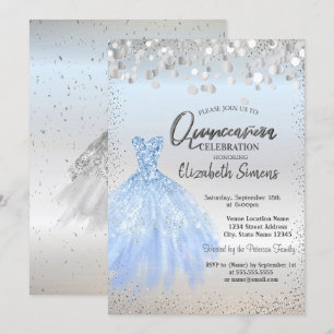 Silver Confetti Dots,Blue Dress Quinceañera Invitation