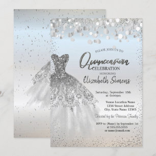 Silver Confetti Dots,Chic Dress Quinceañera Invitation