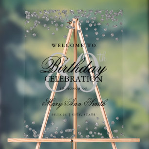 Silver Confetti Glitter 80th Birthday Welcome Acrylic Sign