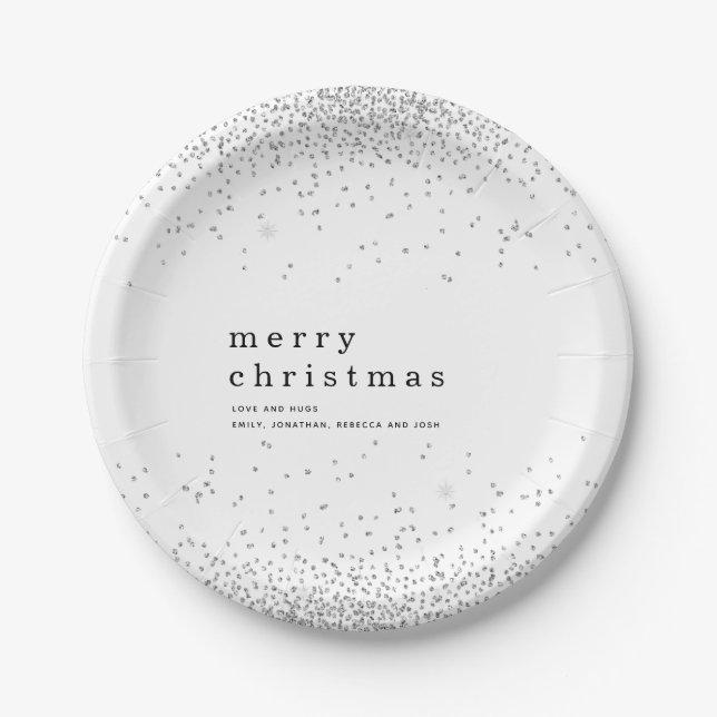 Silver Confetti Glitter Name Merry Christmas Paper Plate (Front)