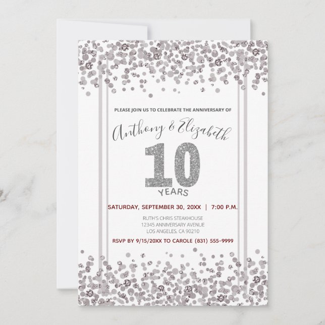 Silver Confetti Glitter-Style 10th Anniversary Invitation (Front)