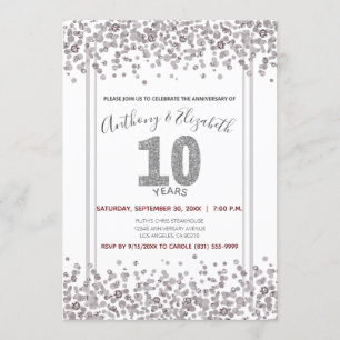 Silver Confetti Glitter-Style 10th Anniversary Invitation