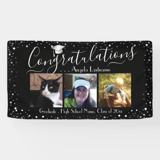 Silver Confetti Graduation 3 Photo Budget Bannière (Horizontal)
