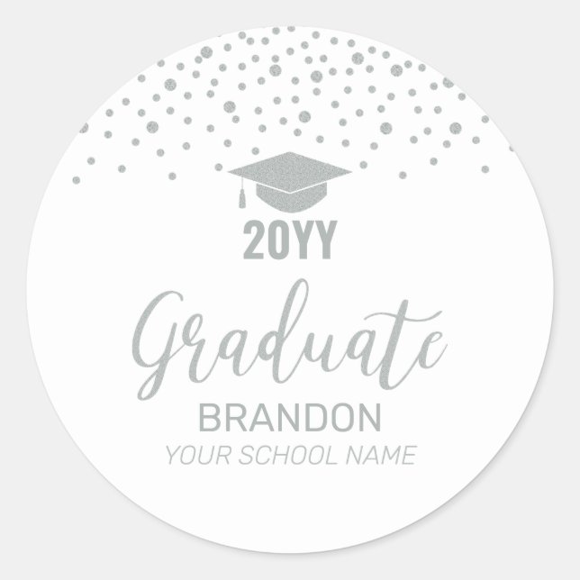 Silver Confetti Graduation Party Favour Classic Round Sticker (Front)