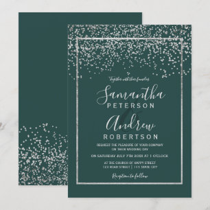Silver confetti green typography wedding invitation