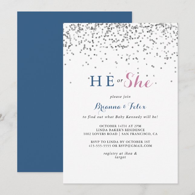 Silver Confetti He or She Gender Reveal  Invitation (Front/Back)