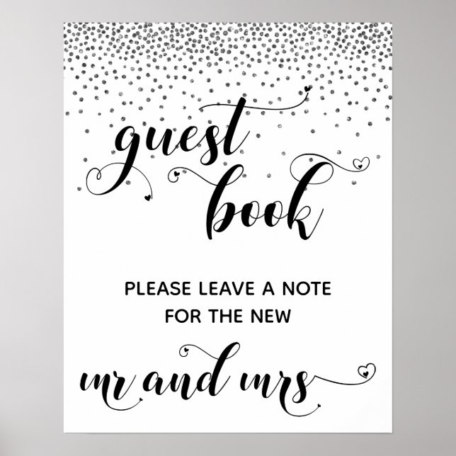 Silver Confetti Hearts Guest Book Reception Sign (Front)