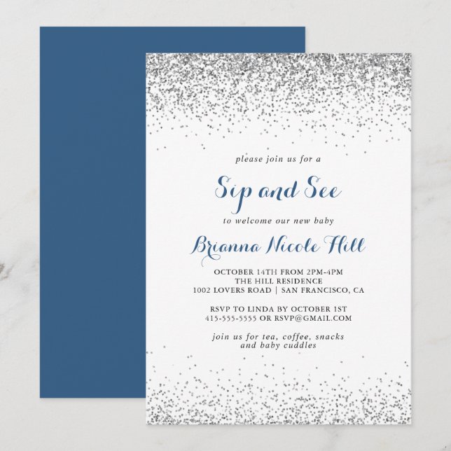 Silver Confetti Minimalist Sip and See  Invitation (Front/Back)