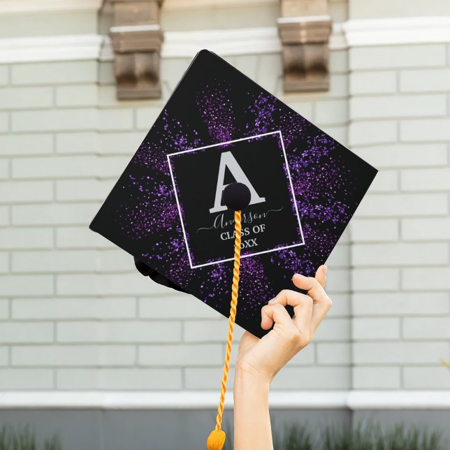 Silver Confetti Monogram Custom Graduation Elegant Cap Topper (Creator Uploaded)