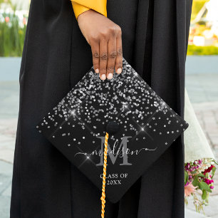 Silver Confetti Monogram Graduation Cap Topper