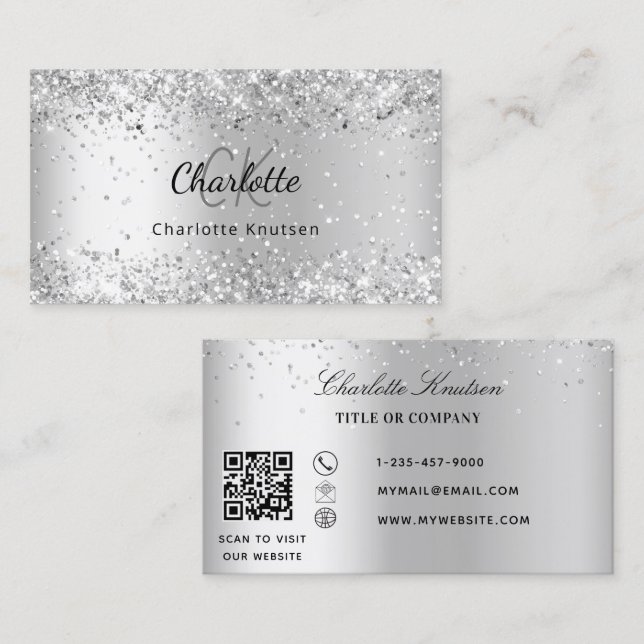 Silver confetti monogram QR code Business Card (Front/Back)