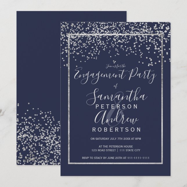 Silver confetti navy blue typography engagement invitation (Front/Back)