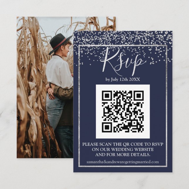 Silver confetti navy blue typography qr code rsvp card (Front/Back)