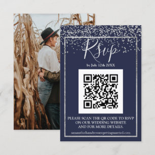 Silver confetti navy blue typography qr code rsvp card
