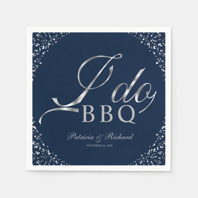 Silver Confetti Navy I Do BBQ Engagement Party Napkin (Front)