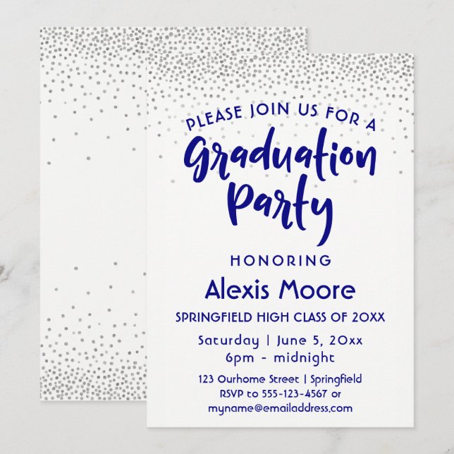 Silver Confetti & Navy Typography Grad Party, 2 Invitation (Front/Back)