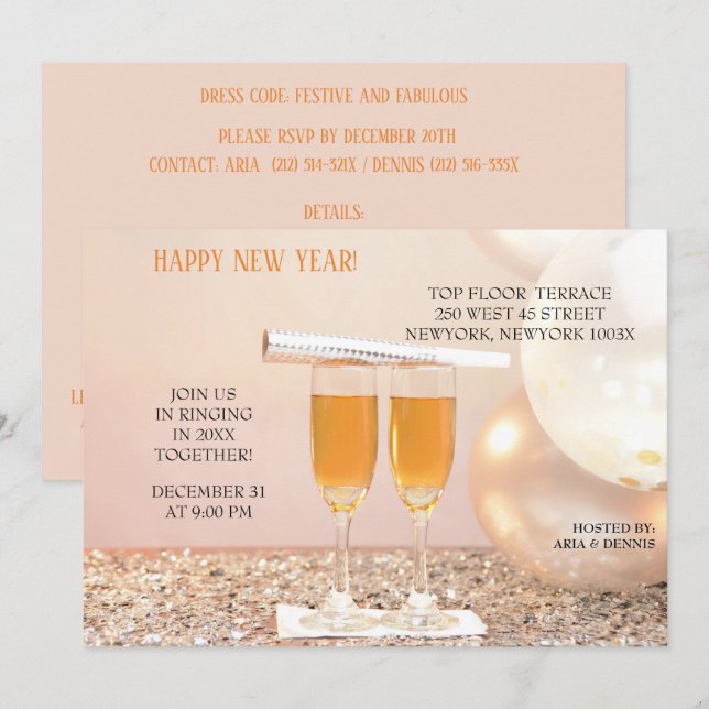 Silver Confetti  New Year Champagne Flutes  Invitation (Front/Back)