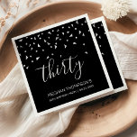 Silver Confetti on Black 30th Birthday Party Napkin<br><div class="desc">Help them celebrate their 30th birthday in style with this simple but elegant design, featuring faux silver triangular confetti sifting down on the word "thirty" in light grey handwriting font on a black background. Personalize it with the name of the honoree in light grey sans serif font, along with the...</div>