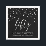 Silver Confetti on Black 50th Birthday Party Napkin<br><div class="desc">Help them celebrate their 50th birthday in style with this simple but elegant design, featuring faux silver triangular confetti sifting down on the word "fifty" in light grey handwriting font on a black background. Personalize it with the name of the honoree in light grey sans serif font, along with the...</div>