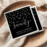 Silver Confetti on Black 70th Birthday Party Napkin<br><div class="desc">Help them celebrate their 70th birthday in style with this simple but elegant design, featuring faux silver triangular confetti sifting down on the word "seventy" in light grey handwriting font on a black background. Personalize it with the name of the honoree in light grey sans serif font, along with the...</div>