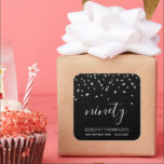Silver Confetti on Black 90th Birthday Square Sticker<br><div class="desc">Help them celebrate their 90th birthday in style with this simple but elegant design, featuring faux silver triangular confetti sifting down on the word "ninety" in light grey handwriting font on a black background. Personalize it with the name of the honoree in light grey sans serif font, along with the...</div>