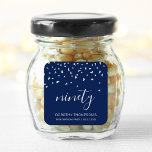 Silver Confetti on Navy Blue 90th Birthday Square Sticker<br><div class="desc">Help them celebrate their 90th birthday in style with this simple but elegant design, featuring faux silver triangular confetti sifting down on the word "ninety" in silver grey handwriting font on a navy blue background. Personalize it with the name of the honoree in silver grey sans serif font, along with...</div>