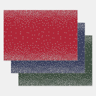 Silver Confetti on Red, Navy & Evergreen Wrapping Paper Sheet