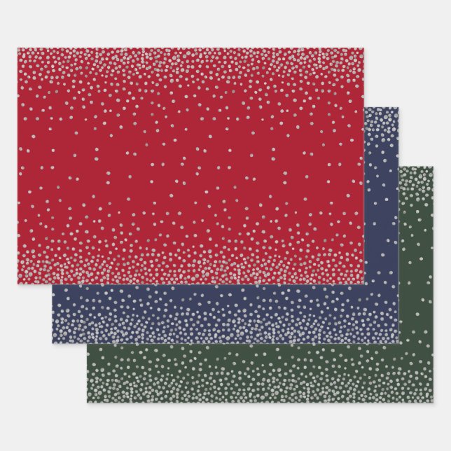 Silver Confetti on Red, Navy & Evergreen Wrapping Paper Sheet (Set)