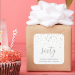 Silver Confetti on White 60th Birthday Square Sticker<br><div class="desc">Help them celebrate their 60th birthday in style with this simple but elegant design, featuring faux silver triangular confetti sifting down on the word "sixty" in silver gray handwriting. Personalize it with the name of the honoree in silver gray sans serif font, along with the occasion and date below in...</div>
