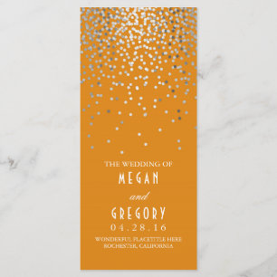 Silver Confetti Orange Elegant Wedding Program
