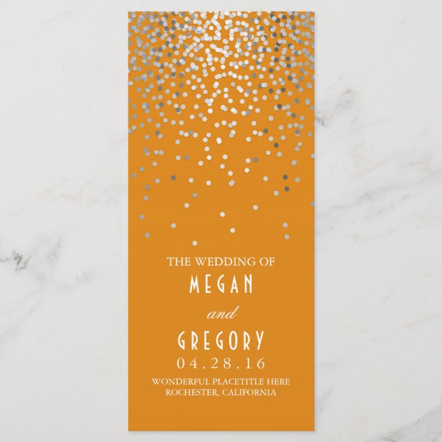 Silver Confetti Orange Elegant Wedding Program (Front)