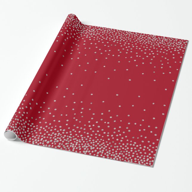 Silver Confetti Over Dark Red Holiday Style Wrapping Paper (Unrolled)
