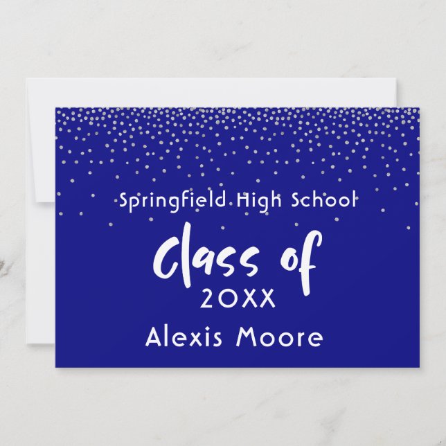 Silver Confetti Over Navy, Graduation Announcement (Front)