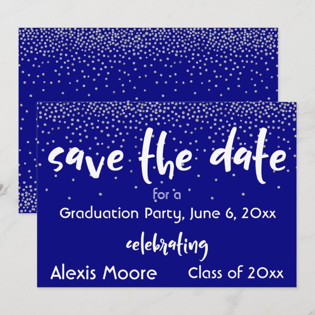 Silver Confetti Over Navy/White, Save the Date 2b Invitation (Front/Back)