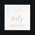 Silver Confetti Personalized 60th Birthday Party Napkin<br><div class="desc">Help them celebrate their 60th birthday in style with this simple but elegant design, featuring faux silver triangular confetti sifting down on the word "sixty" in stylish silver grey handwriting font. Personalize it with the name of the honoree in silver grey sans serif font, along with the occasion and date...</div>