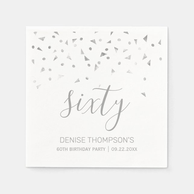 Silver Confetti Personalized 60th Birthday Party Napkin (Front)