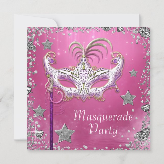 Silver Confetti Pink Black Masquerade Party Invitation (Front)