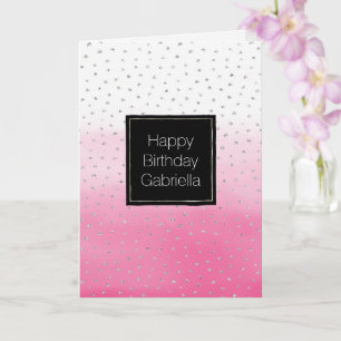 Silver Confetti Pink Ombre Watercolor Birthday Card