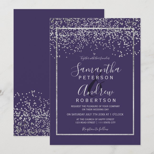 Silver confetti purple typography wedding invitation (Front/Back)